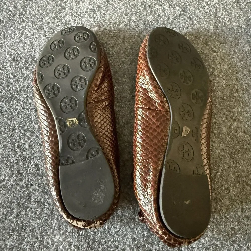 Tory Burch Reva Ballet Flat in Burgundy Snakeskin Print with Silver Medallion 37
